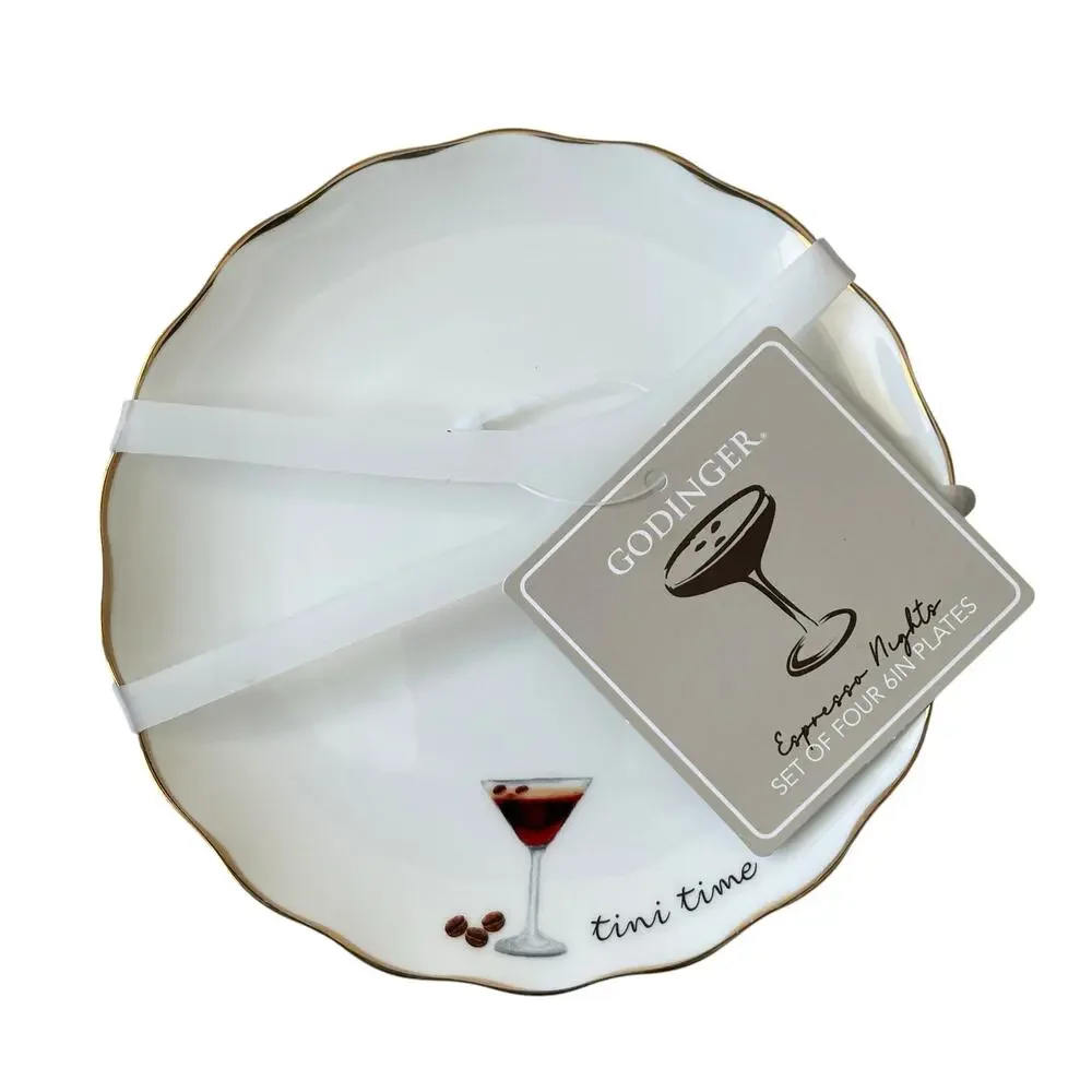 Godinger Martini Cocktail Appetizer Plates 6in Ceramic Set of 4 White NEW